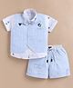 MUSHROO Textile Knit Half Sleeves Teddy Printed Shirt & Shorts Set With Striped & Smiley Embroidered Jacket & Attached Bow - Sky Blue