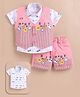MUSHROO Textile Knit Half Sleeves Typography Printed Shirt & Shorts Set With Striped & Smiley Printed Jacket - Pink