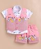MUSHROO Textile Knit Half Sleeves Typography Printed Shirt & Shorts Set With Striped & Smiley Printed Jacket - Pink