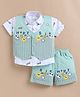 MUSHROO Textile Knit Half Sleeves Typography Printed Shirt & Shorts Set With Striped & Smiley Printed Jacket - Green