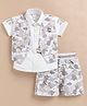 MUSHROO Textile Knit Half Sleeves Typography Printed Shirt & Shorts Set With Camouflage Printed Jacket - Beige