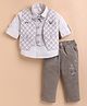 MUSHROO Textile Knit Full Sleeves Solid Shirt & Pants Set With Checked Jacket & Attached Bow - Beige