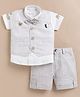 MUSHROO Textile Knit Half Sleeves Typography Printed Shirt & Shorts Set With Striped Jacket & Attached Bow - Beige