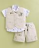 MUSHROO Textile Knit Half Sleeves Vehicles Printed Shirt & Shorts Set With Striped & Teddy Patch Detailed Jacket & Attached Bow - Beige