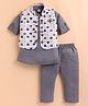 MUSHROO Textile Knit Full Sleeves Solid Kurta & Pyjama With Leaves Printed Jacket Set - Grey