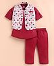 MUSHROO Textile Knit Full Sleeves Solid Kurta & Pyjama With Leaves Printed Jacket Set - Maroon