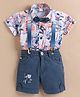 MUSHROO Textile Knit Half Sleeves Tropical Theme Printed Shirt & Shorts Set With Suspenders & Attached Bow - Multi Colour