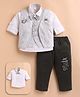 MUSHROO Textile Knit Full Sleeves Solid Shirt & Pants With Striped Jacket & Attached Bow - Olive Green