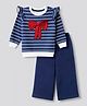 Babyhug Single Jersey Knit Full Sleeves Striped Top With Bow Applique & Pant Set - Navy Blue