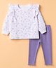 Babyhug 100% Cotton Single Jersey Knit Full Sleeves Top and Leggings with Frill Details and Floral Print - White & Lavender