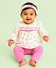 CANDY HOUSE Knitted Knit Full Sleeves Floral Printed Top & Leggings Set With Headband - Cream & Fuschia