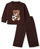 Kanvin Fleece Knit Winter Nightwear Full Sleeves with Bear Patch in Dark Brown