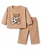 Kanvin Fleece Knit Full Sleeves T-Shirt & Pyjama Winter Wear Night Suit with Bear Patch - Beige