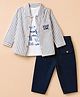 WOW Clothes Cotton Knit Woven Full Sleeves Striped Shirt & Pant Set With Inner Tee - Blue