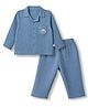 WOW Clothes Cotton Woven Front Open Full Sleeves Co-ord Shirt & Pajama with Front Pocket and Vehicle Patch - Blue