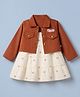 Wow Cotton Woven Frock with Jacket and Shrug with Full Sleeves and Bear Print in Dark Brown