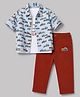 WOW Clothes Half Sleeves Vehicle Printed Shirt & Pant Set With Inner Tee - Red, Light Blue & White