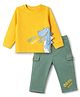 WOW Cotton Knit Woven Full Sleeves T-Shirt and Pant Set With Dinosaur & Text Print - Yellow & Teal Blue