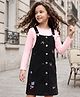 OLLINGTON ST. Cotton Twill Knit Full Sleeves Frock and Pinafore with Floral Embroidery - Light Pink & Black