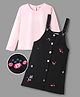 OLLINGTON ST. Cotton Twill Knit Full Sleeves Frock and Pinafore with Floral Embroidery - Light Pink & Black
