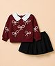 Mark & Mia Full Sleeves Top & Skirt Set With Bow Embroidery - Maroon