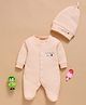 Wonderchild Full Sleeves Mom Dad Me Text Embroidered Footed Sleepsuit With Cap - Peach