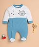Wonderchild Full Sleeves Teddy Bear Patch Detailed Colour Blocked Footed Sleepsuit - White & Blue