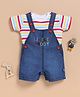 Wonderchild Interlock Woven Little Teddy Text Embroidered Dungaree With Half Sleeves Striped Tee - White