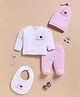 Wonderchild Full Sleeves I Love Mom & Dad Text Embroidered Shirt & Footed Pants Set With Coordinating Cap & Bib  - White & Pink