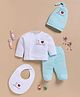 Wonderchild Full Sleeves I Love Mom & Dad Text Embroidered Shirt & Footed Pants Set With Coordinating Cap & Bib - White & Blue