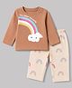Doodle Poodle 100% Cotton Terry Knit Full Sleeves T-Shirt & Pyjama Winter Wear Night Suit with Rainbow Print - Brown