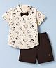 Dapper Dudes Cotton Woven Half Sleeves Bear Printed Shirt With Shorts & Bow - Light Peach