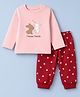 Doodle Poodle 100% Cotton Terry Knit Full Sleeves T-Shirt & Pyjama Winter Wear Night Suit with Bunny & Heart Print - Pink