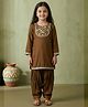 READIPRINT Chanderi Silk Woven Full Sleeves Floral & Geometric Embroidered Kurti Patiala Set - Brown