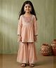 READIPRINT Pure Silk Woven Full Sleeves Gota Lace Embellished Mirror & Thread Work Detailed Kurti Sharara Set - Peach