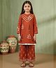 READIPRINT Pure Cotton Woven Full Sleeves Gota Lace Embellished & Leaves Printed Kurti Salwar Set - Rust