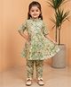 READIPRINT Viscose Rayon Woven Half Sleeves Floral Printed & Lace Embellished Kurti & Pants Set - Green