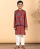 READIPRINT Pure Cotton Woven Full Sleeves Floral Printed Kurta & Pyjama With Jacket Set - Maroon