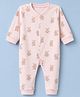 Pink Rabbit Interlock Knit Full Sleeves Rompers With Teddy Bear Print - Pink