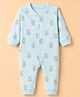 Pink Rabbit Interlock Knit Full Sleeves Rompers With Teddy Bear Print - Aqua Blue