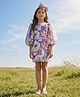 Tiny Girl Scuba Knit Puffed Sleeves Floral Printed Dress With Belt - Blue Grey
