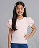 Tiny Girl Knit Puffed Sleeves Floral Applique Detailed Top - Pink