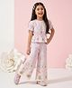 Tiny Girl Cotton Woven Puffed  Sleeves Floral Embroidered Top & Pants Set - Pink
