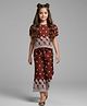 Tiny Girl Woven Puffed Sleeves Floral Embroidered Top & Pants  Set - Brown