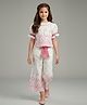 Tiny Girl Woven Puffed Sleeves Floral Embroidered Top & Pants Set - Pink & White