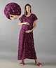 NIGHTSPREE Cotton Woven Half Sleeves Abstract Printed Maternity Nighty With Side Zipper Nursing Access - Purple