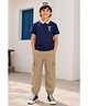 Trampoline Cotton Blend Knit Half Sleeves Brand Name Printed Polo Tee & Cargo Style Trousers Set - Blue & Beige