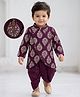 EARTHY TOUCH Cotton Jersey Knit Full Sleeves Kurta Dhoti Set With Floral Zari Print - Wine