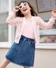 Ollington St. Sinker Knit Full Sleeves Floral Printed Jacket and Skirt Set with Tee - Pink & Indigo