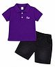 HRIT Cotton Knit Half Sleeves Brand Logo Printed Polo Tee & Shorts Set - Purple & Black